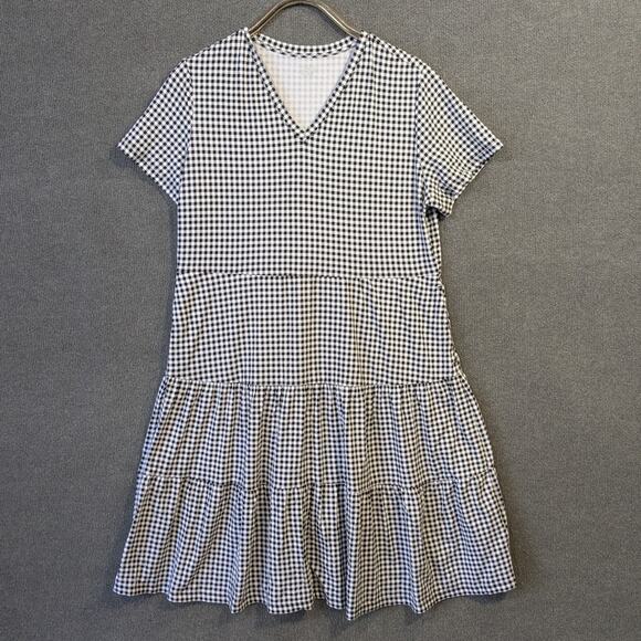 Lands End Jersey Dress Womens Large Black White Gingham Check Tiered Pullover - Picture 1 of 11